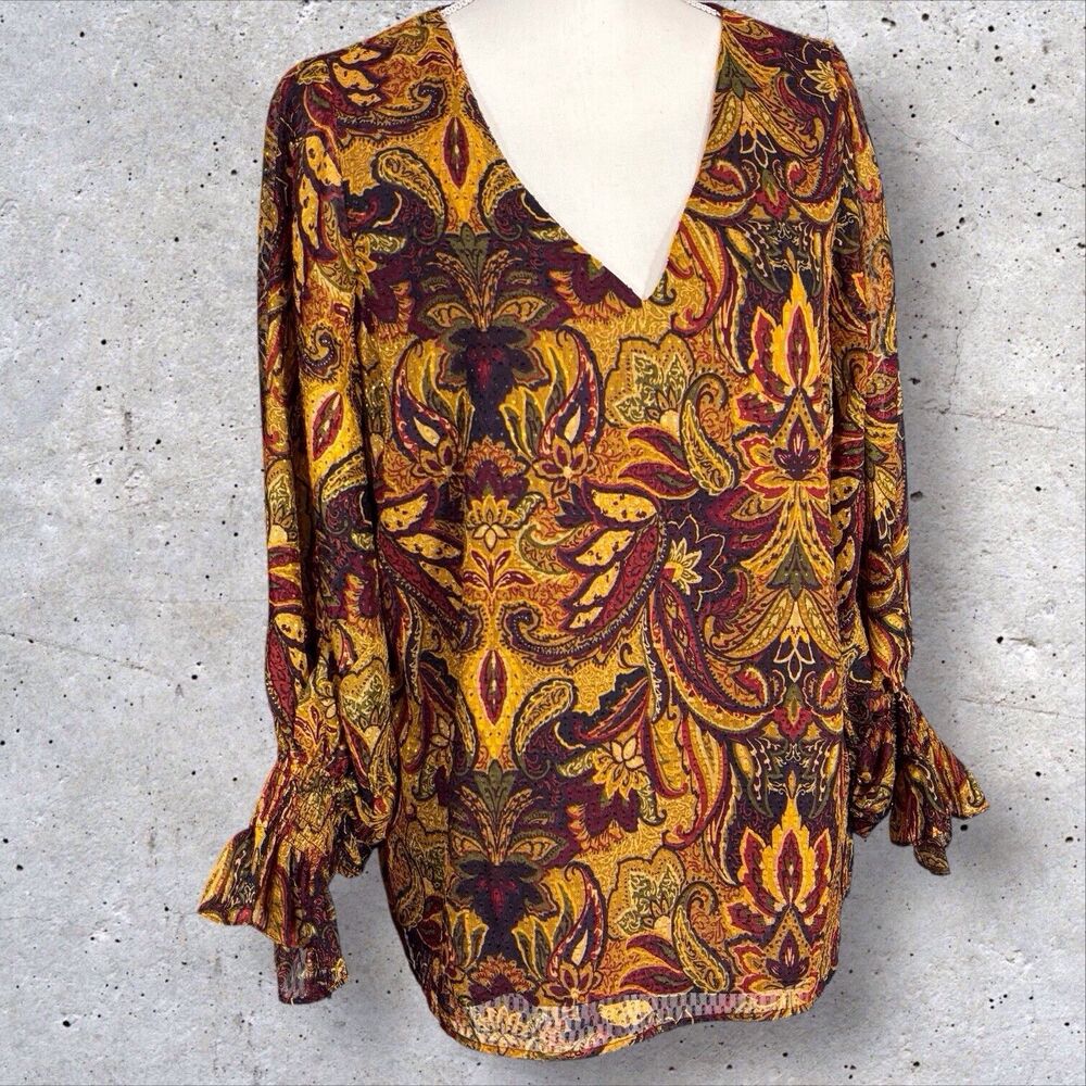Vince Camuto Paisley Clip Dot Boho Top Mustard Yellow Red Blouse Medium